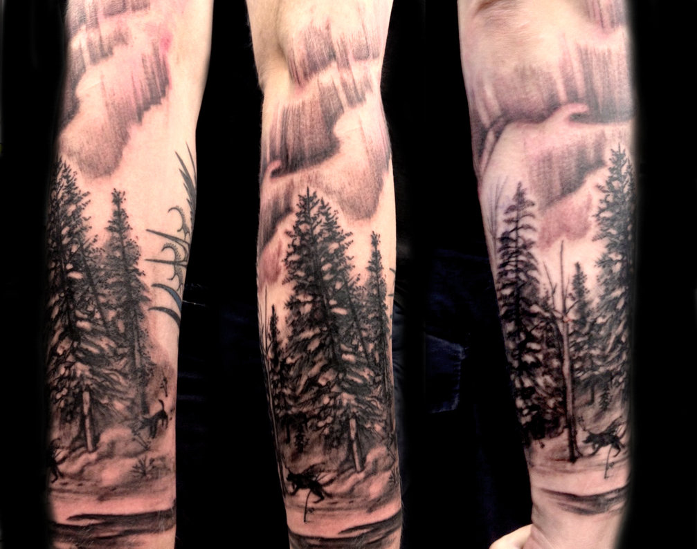 sleeve tattoo forest tattoos northern lights deviantart forearm themed meaning tree sleeves flew leaves autumn nature deviant
