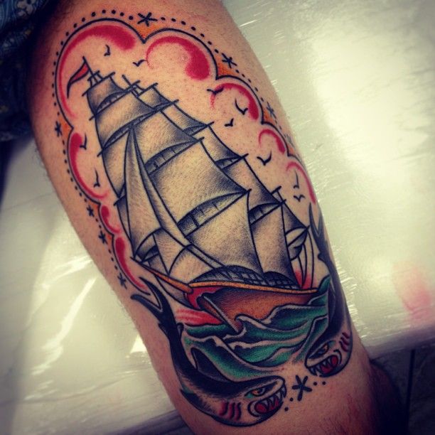 Traditional sailing ship tattoo - Tattoogrid.net