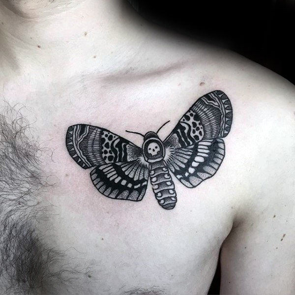 Black Ink Moth Tattoo On Man Chest